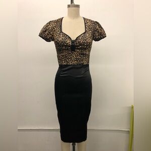 Deadly Dames by Micheline Pitt Satin Leopard and Black Midi Dress Pin Up Retro